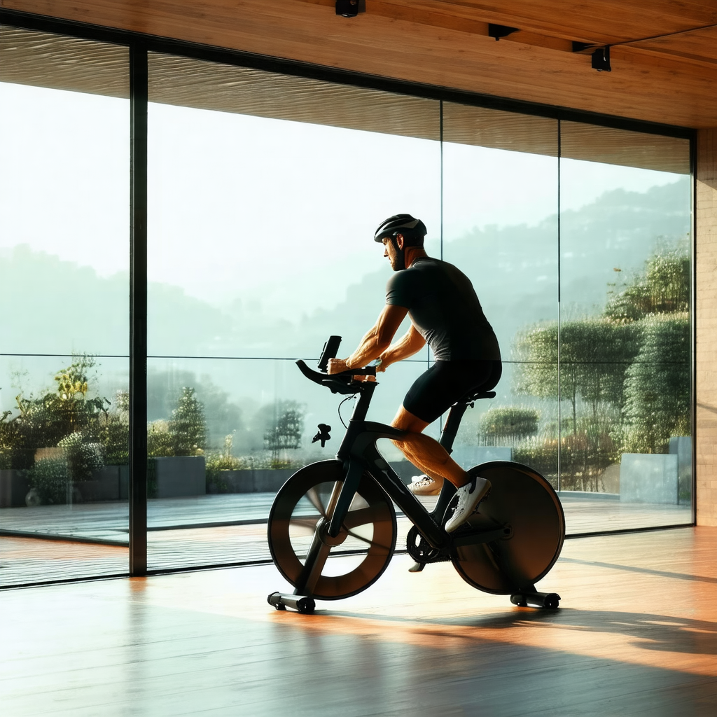 Man riding a stationary bike indoors, likely in a living ...