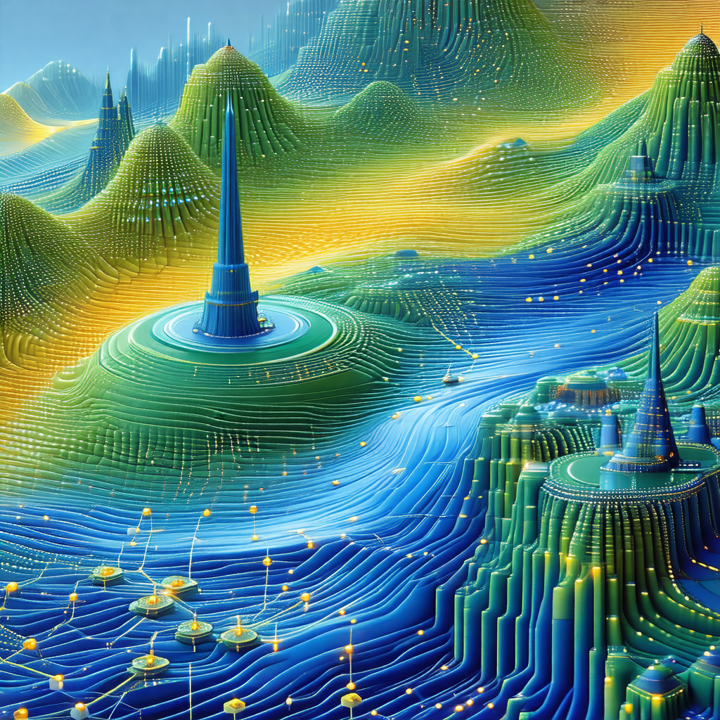 Digital painting of a futuristic landscape featuring a la...