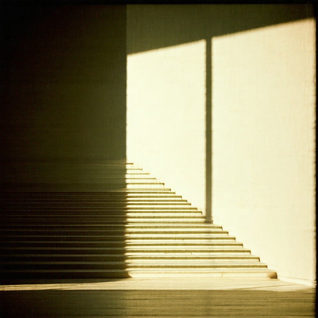 Long, narrow hallway with a row of steps leading upwards
