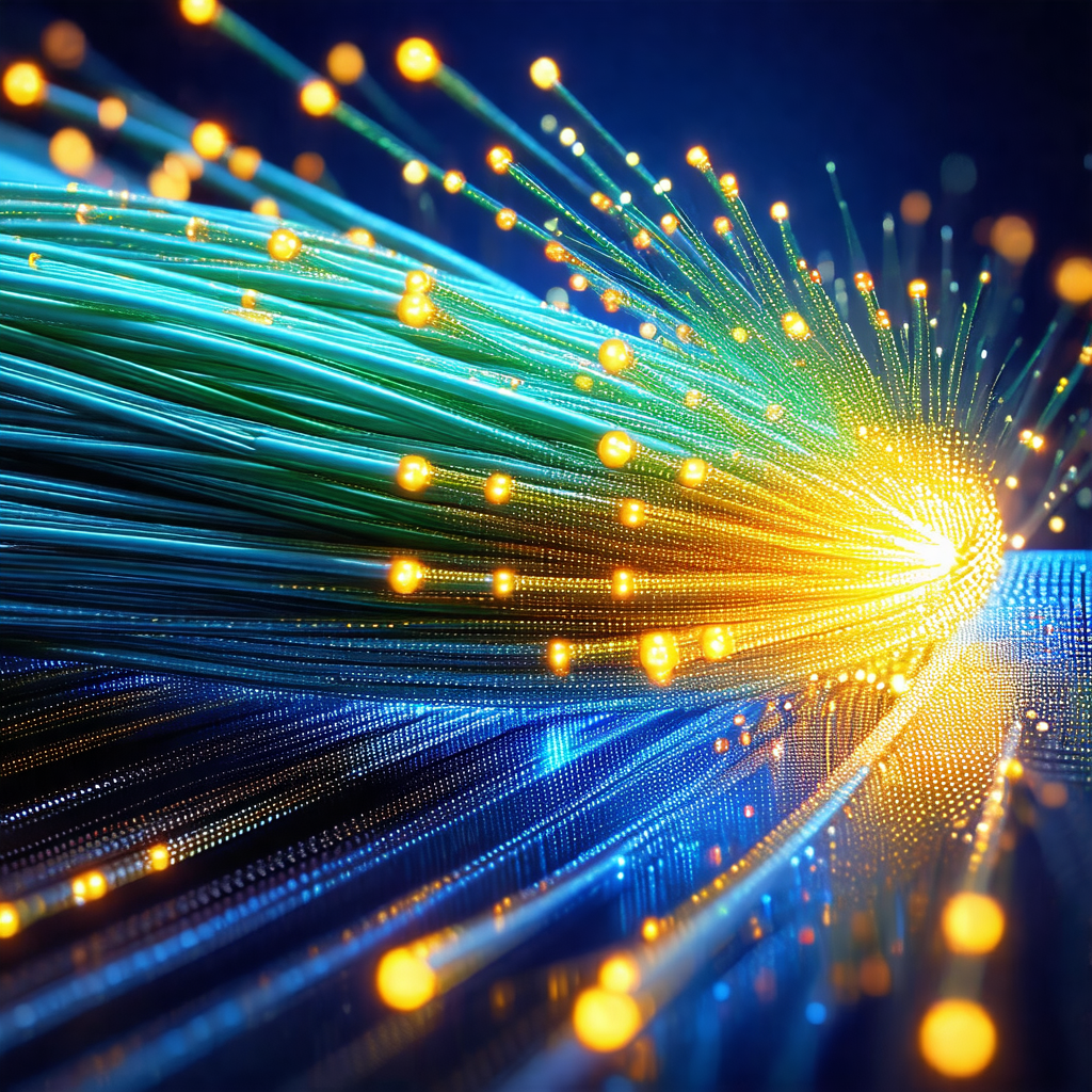 Close-up of a blue and yellow cable, likely a fiber optic...