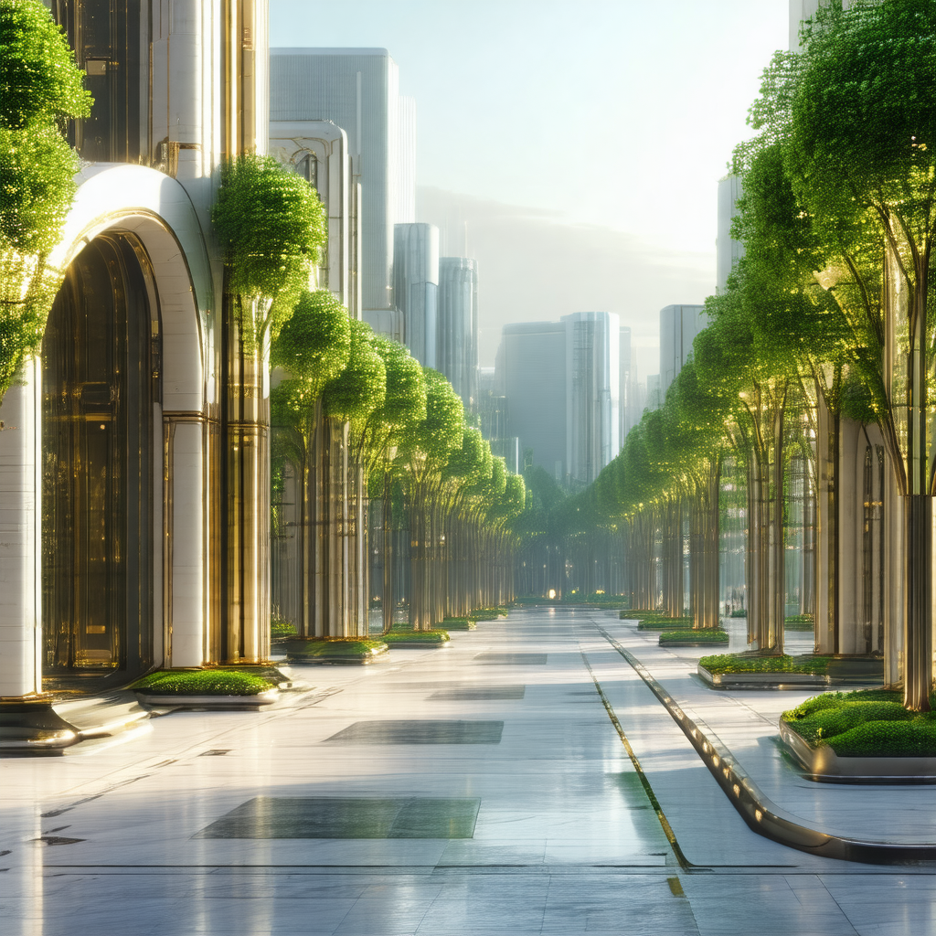 Large city street with a row of trees lining the sidewalk
