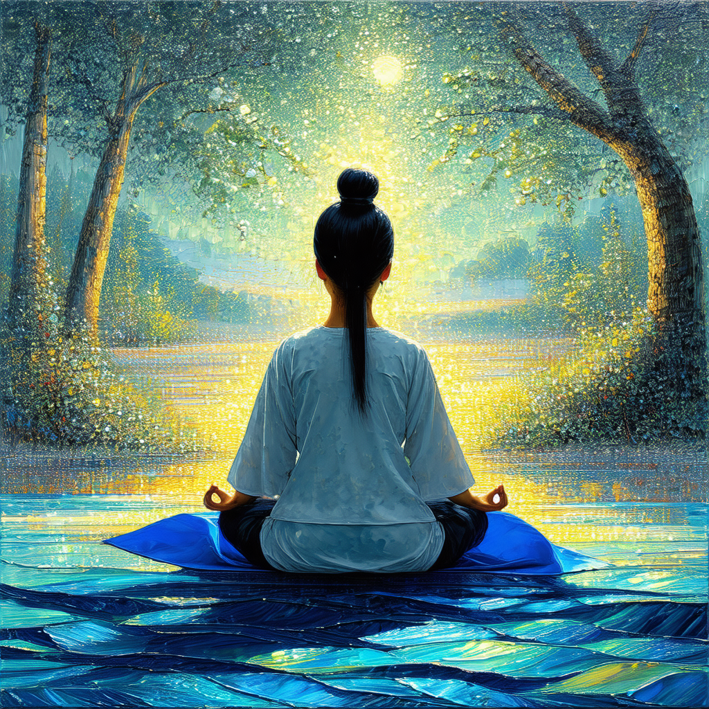 Woman sitting in a lotus position on a blue mat, surround...