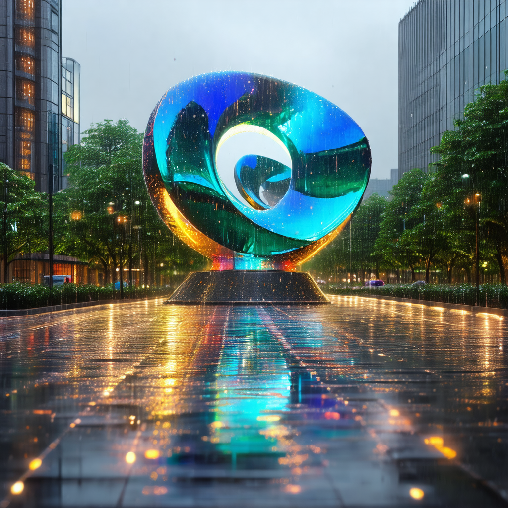 Large, colorful sculpture in the middle of a city street
