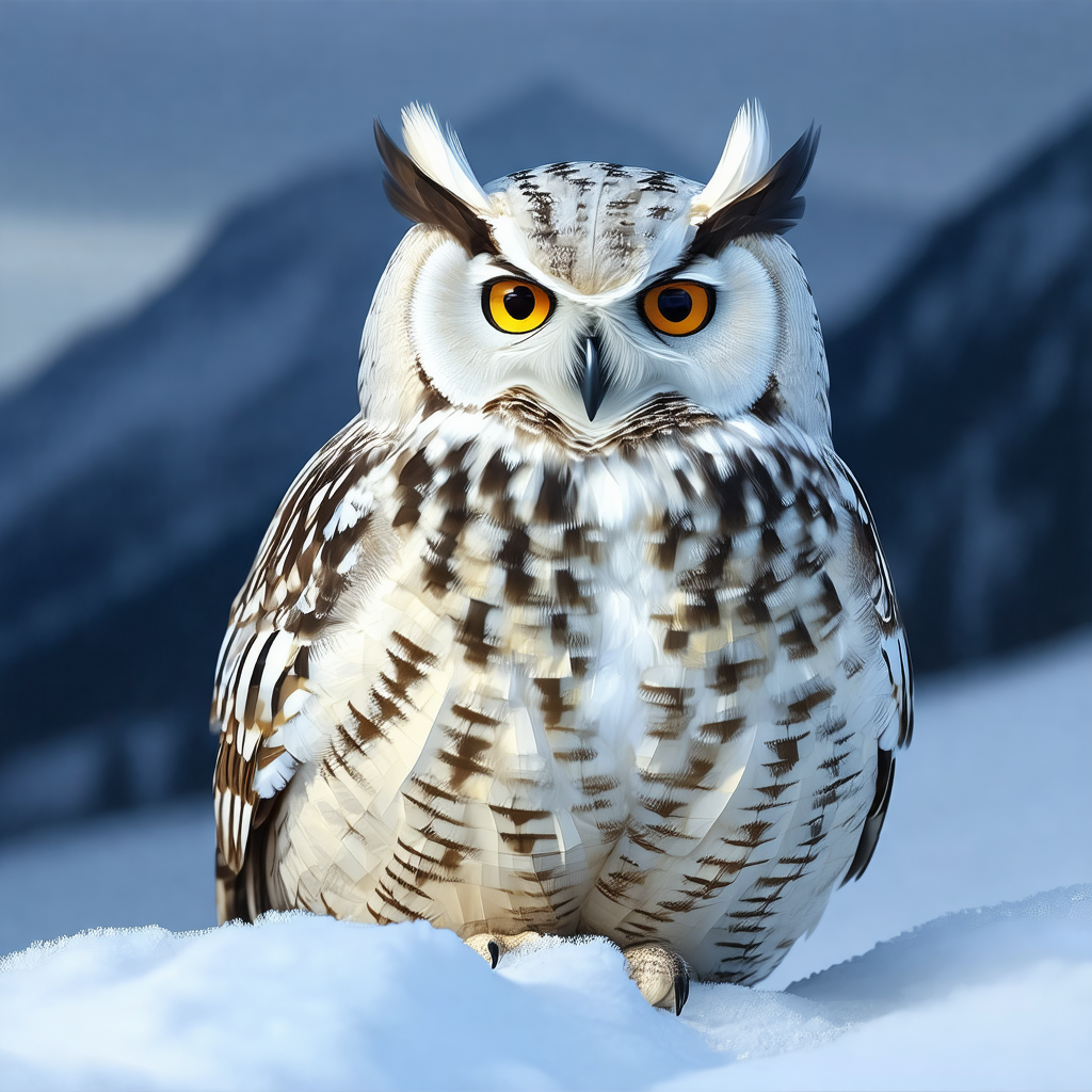 Snowy mountain with a large, fluffy owl sitting on top of...