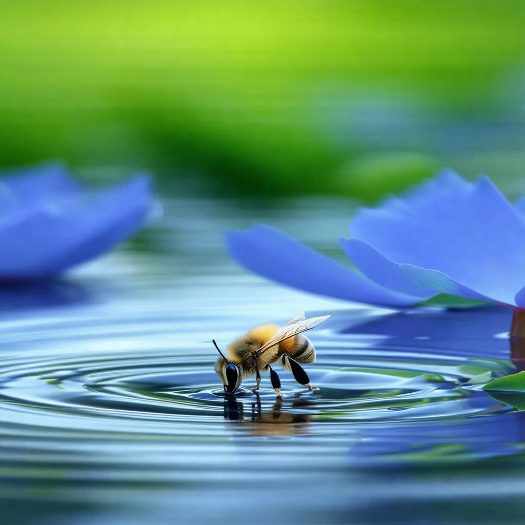 Small bee swimming in a body of water, likely a pond or lake