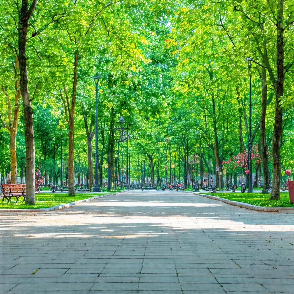 Tree-lined street in a park, with a large number of peopl...