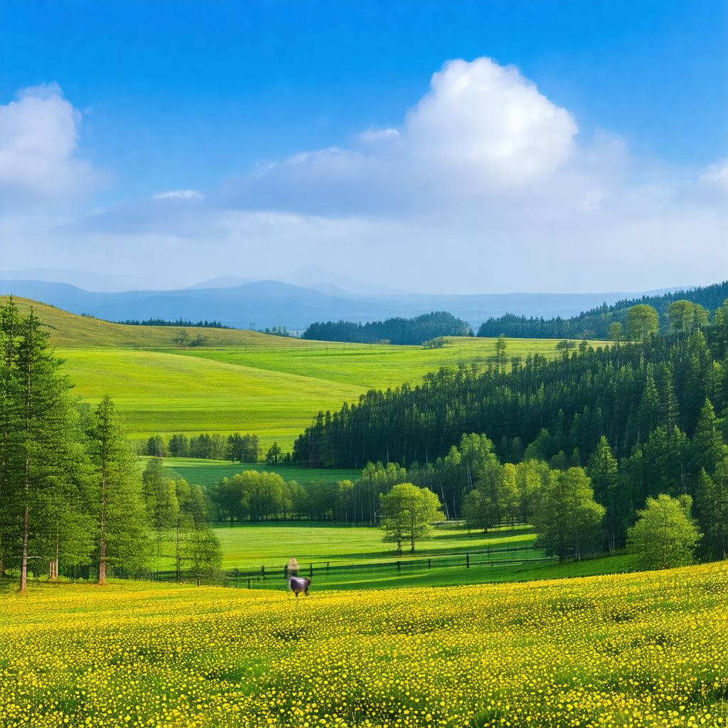 Beautiful, lush green field with a horse grazing on the g...