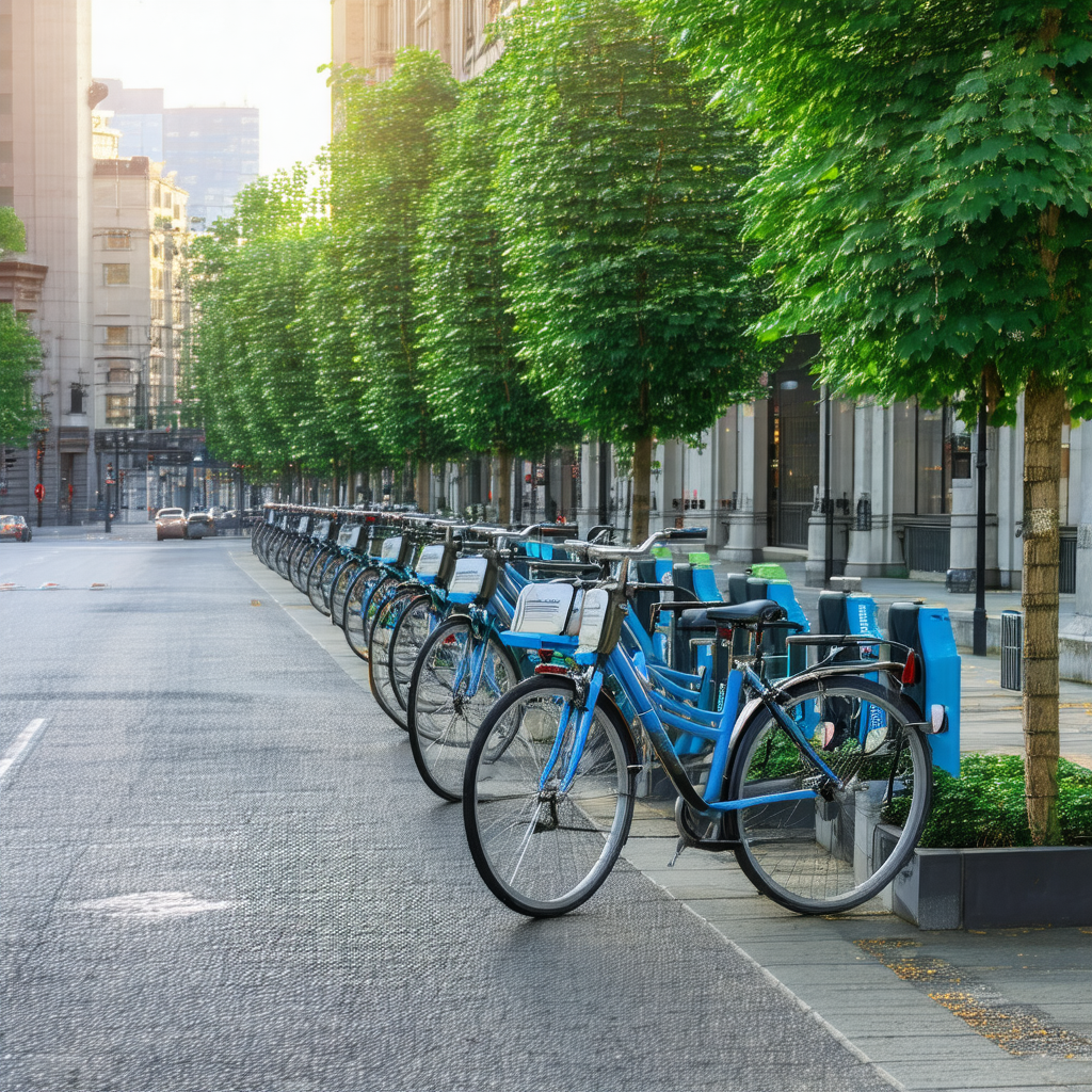Row of bicycles parked on the sidewalk next to a city street