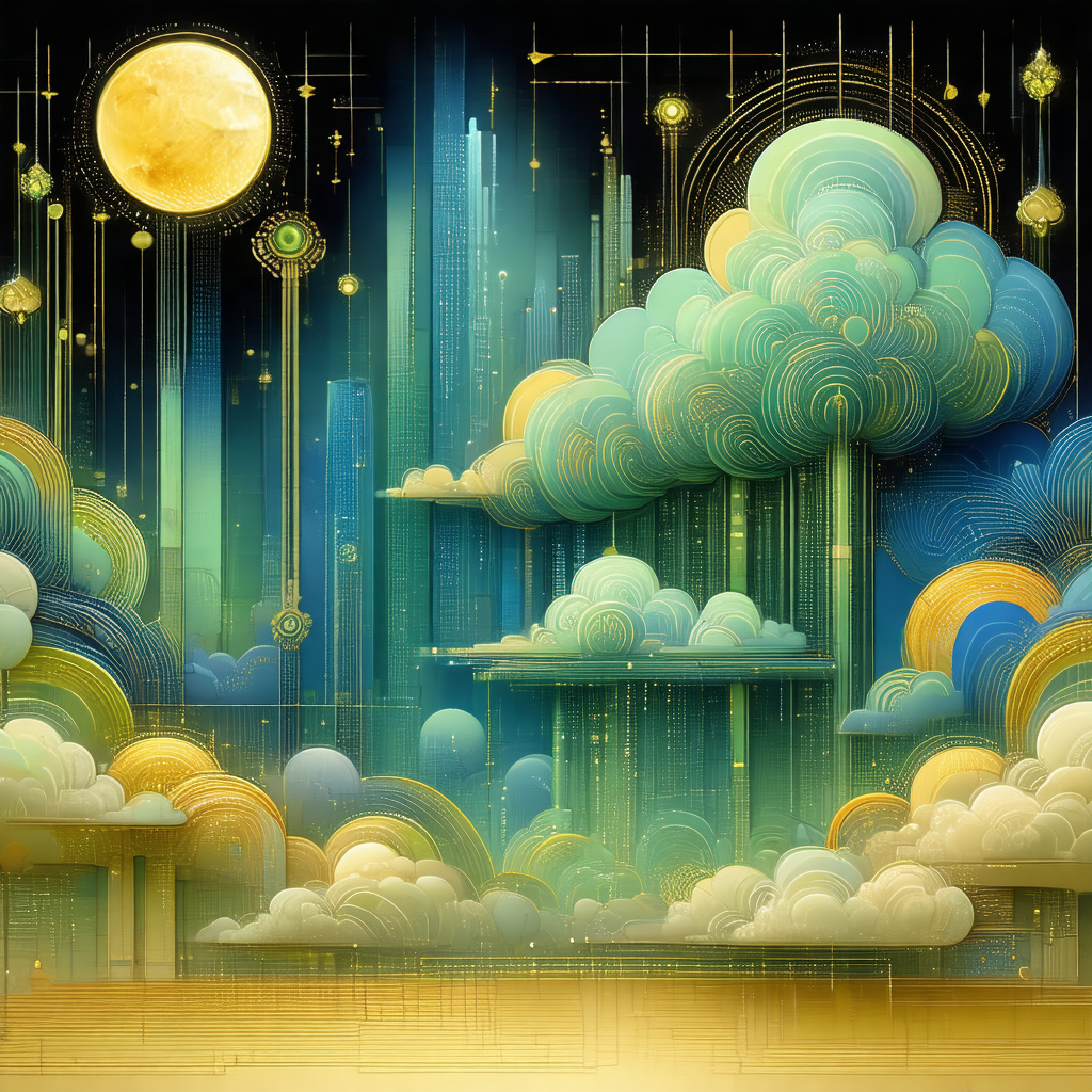 Colorful and detailed painting of a cityscape at night