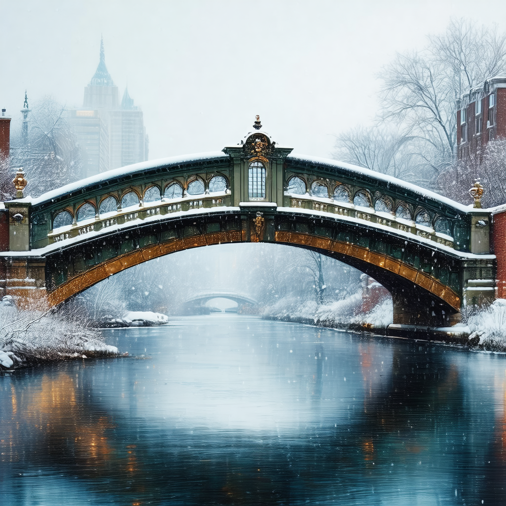 Beautiful bridge with a green roof, surrounded by snow