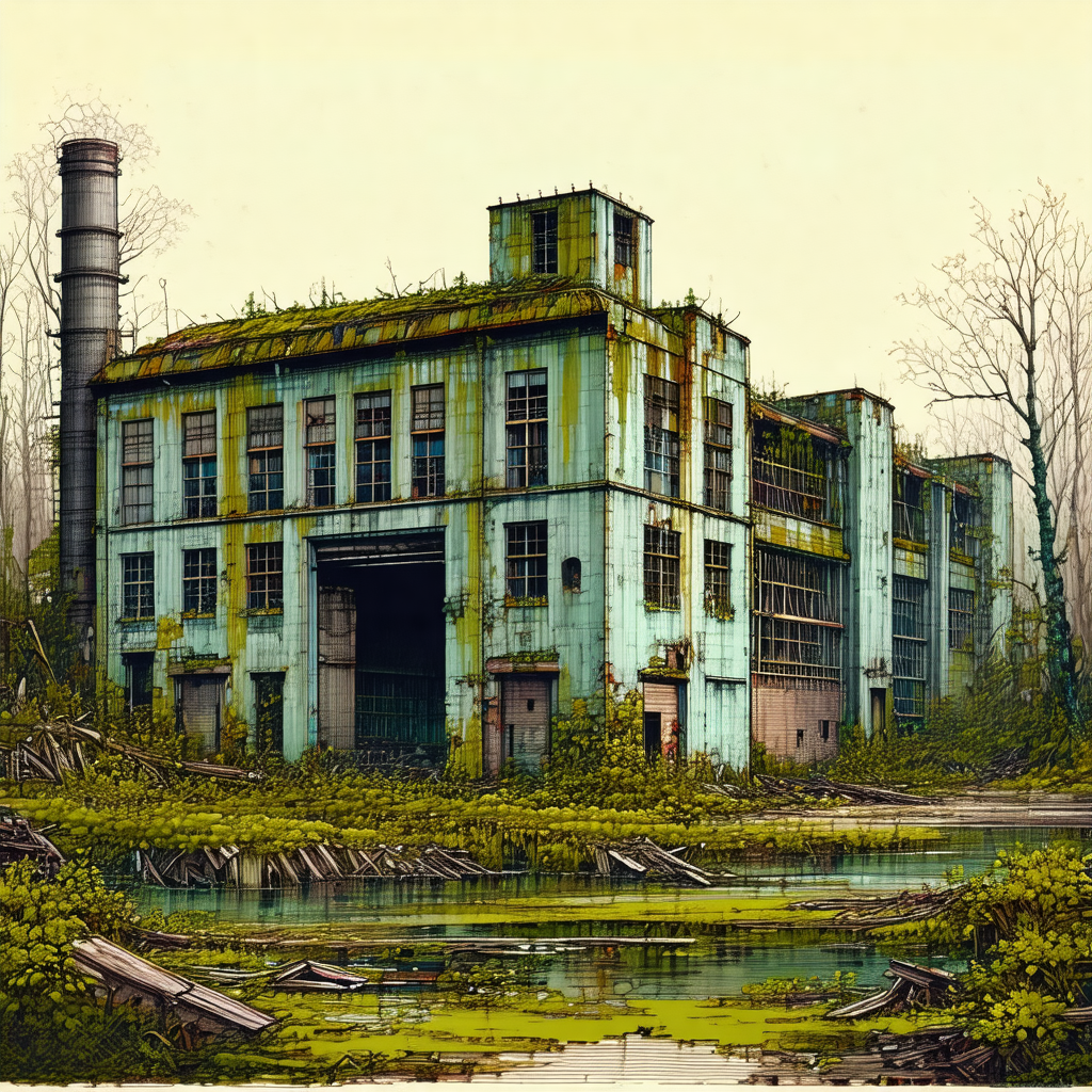 Large, old, and abandoned building with a green roof