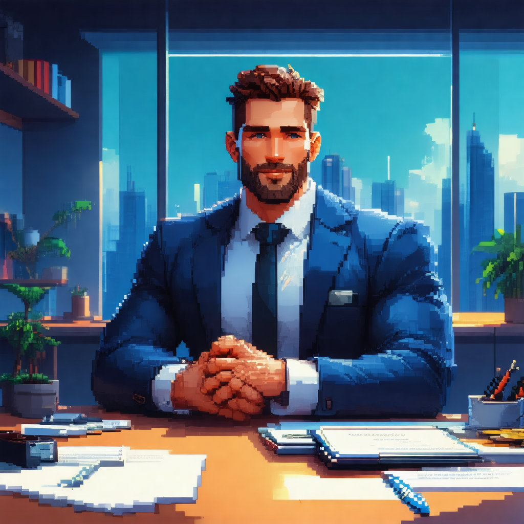 Cartoon-like drawing of a man wearing a suit and tie, sit...