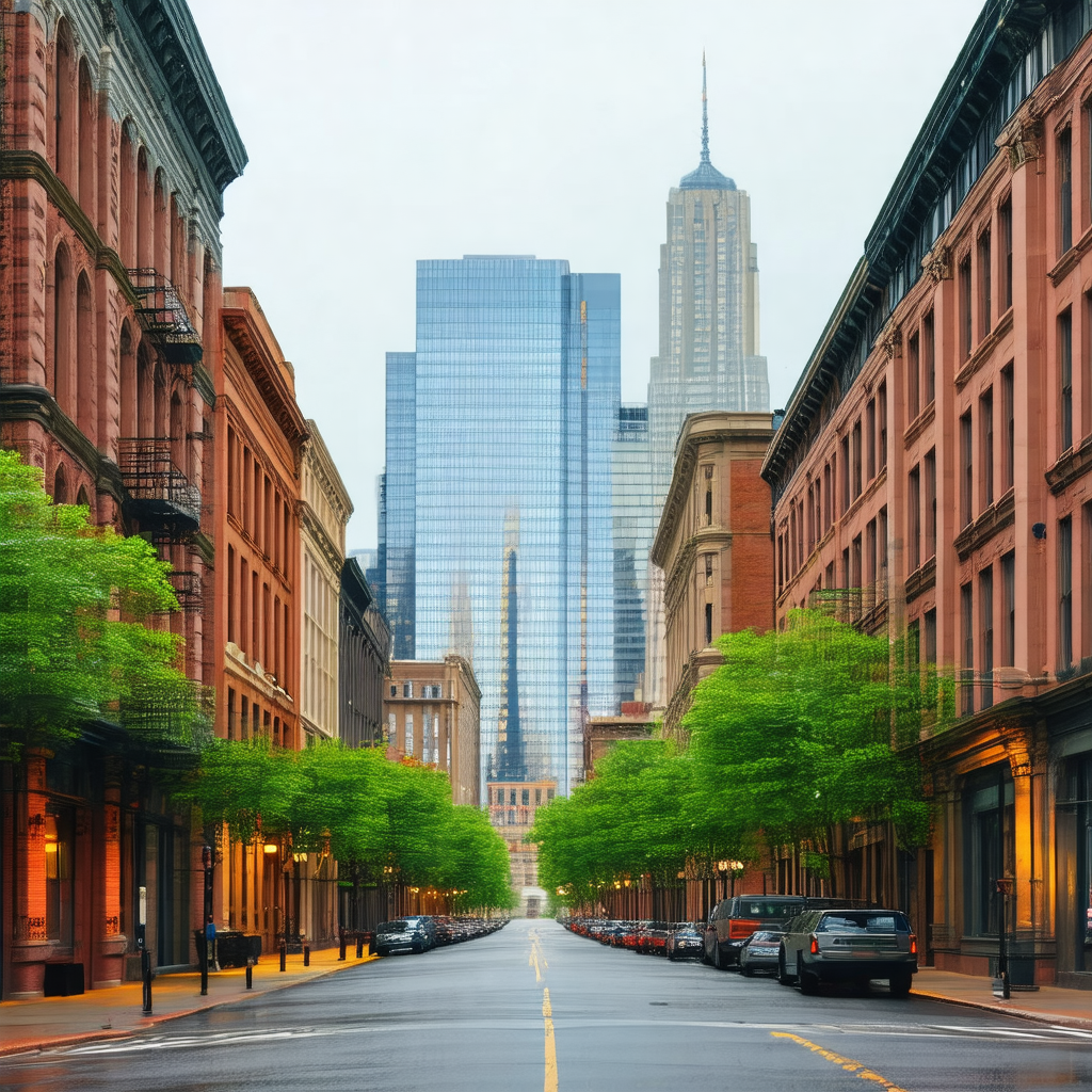 City street with a row of trees lining the sidewalk