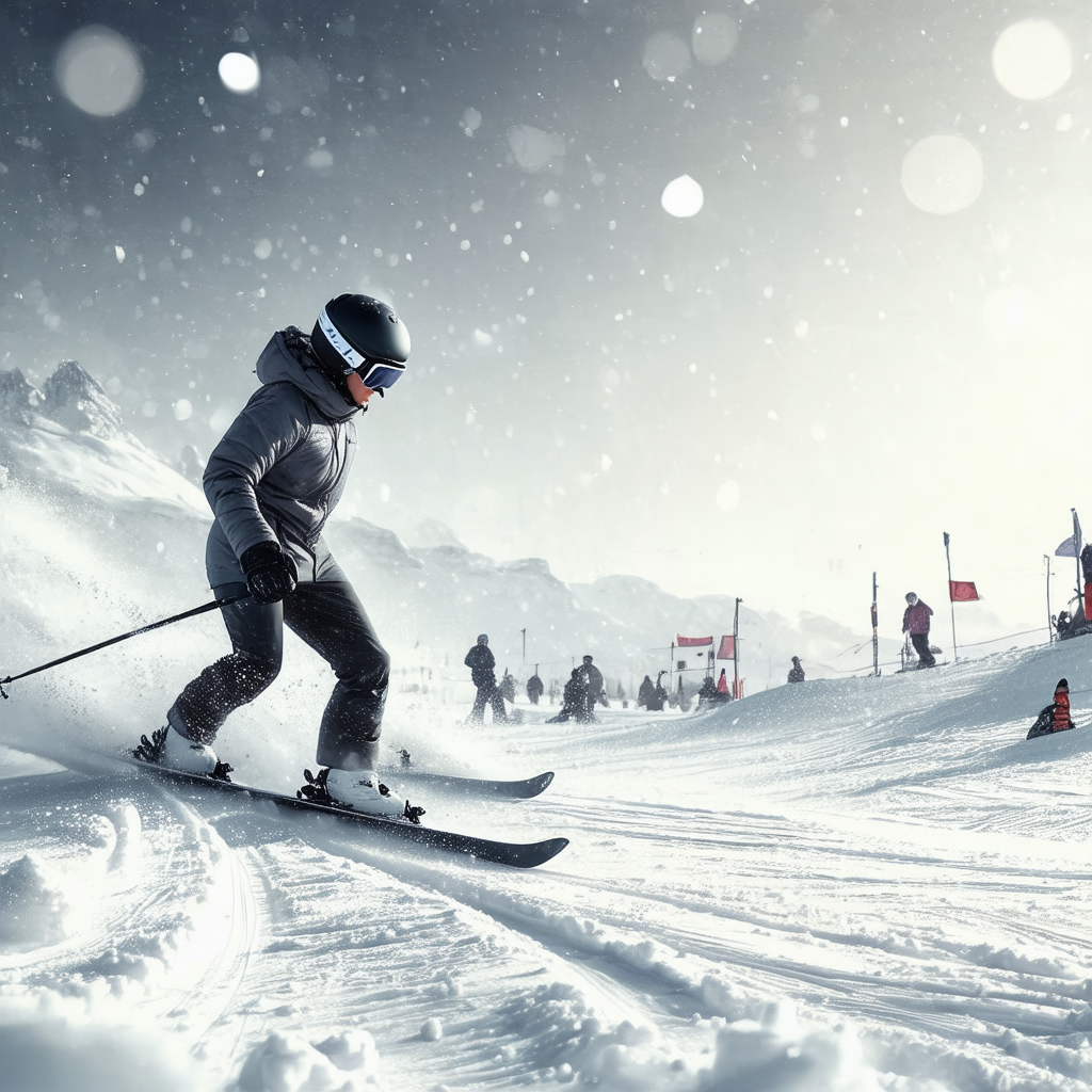Captures a snowy scene with a skier in the foreground, ma...