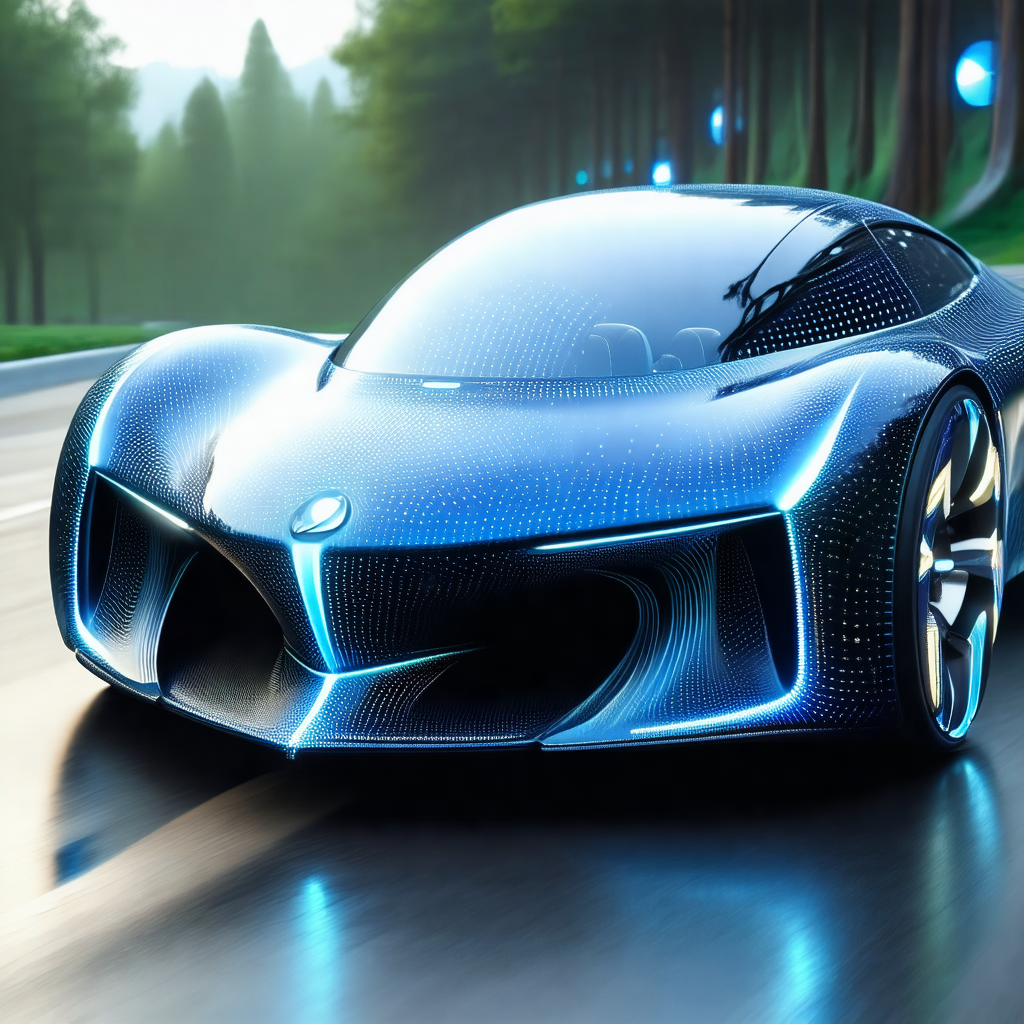 Futuristic blue car driving down a road
