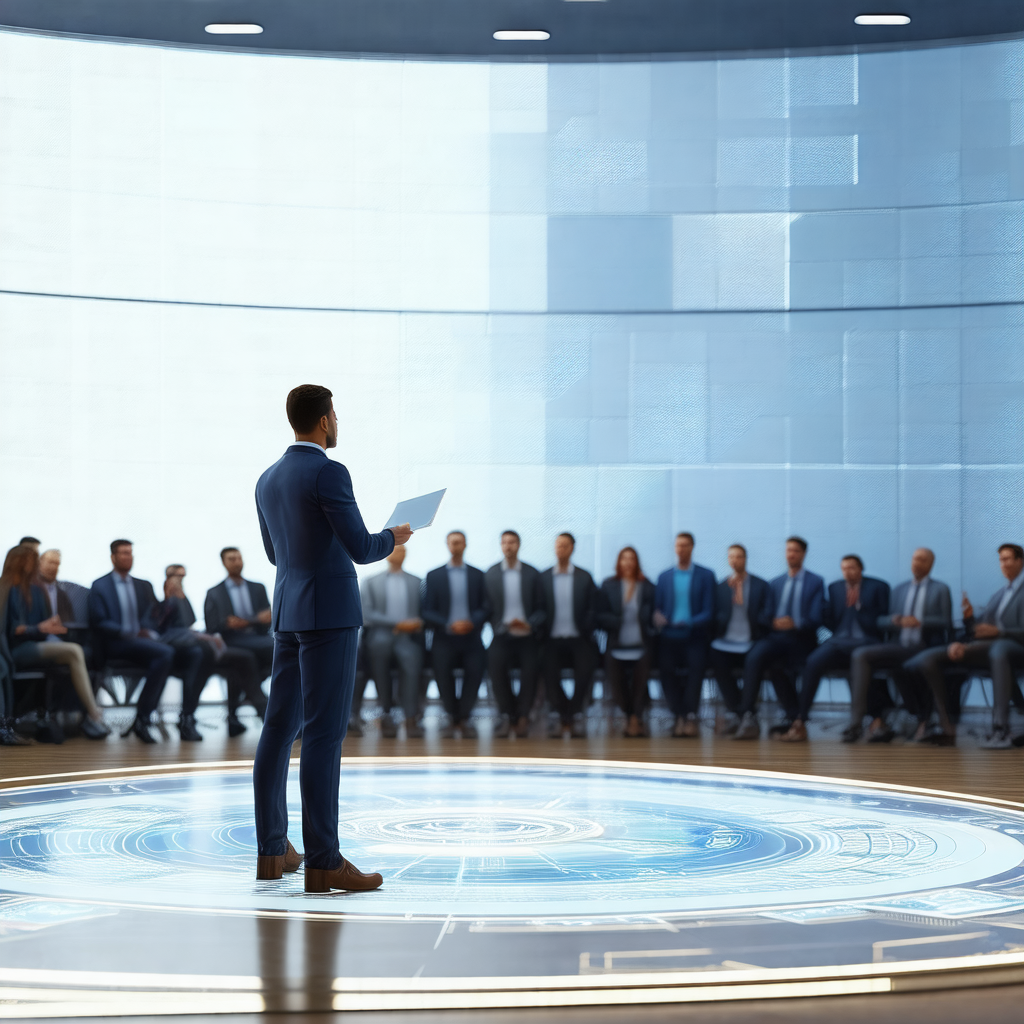 Man standing in the center of a large group of people