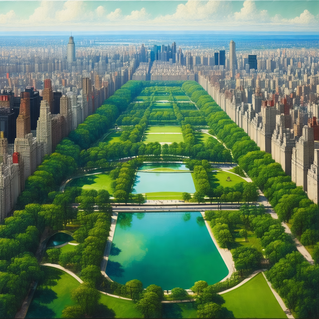 Painting of a large city, featuring a large body of water...