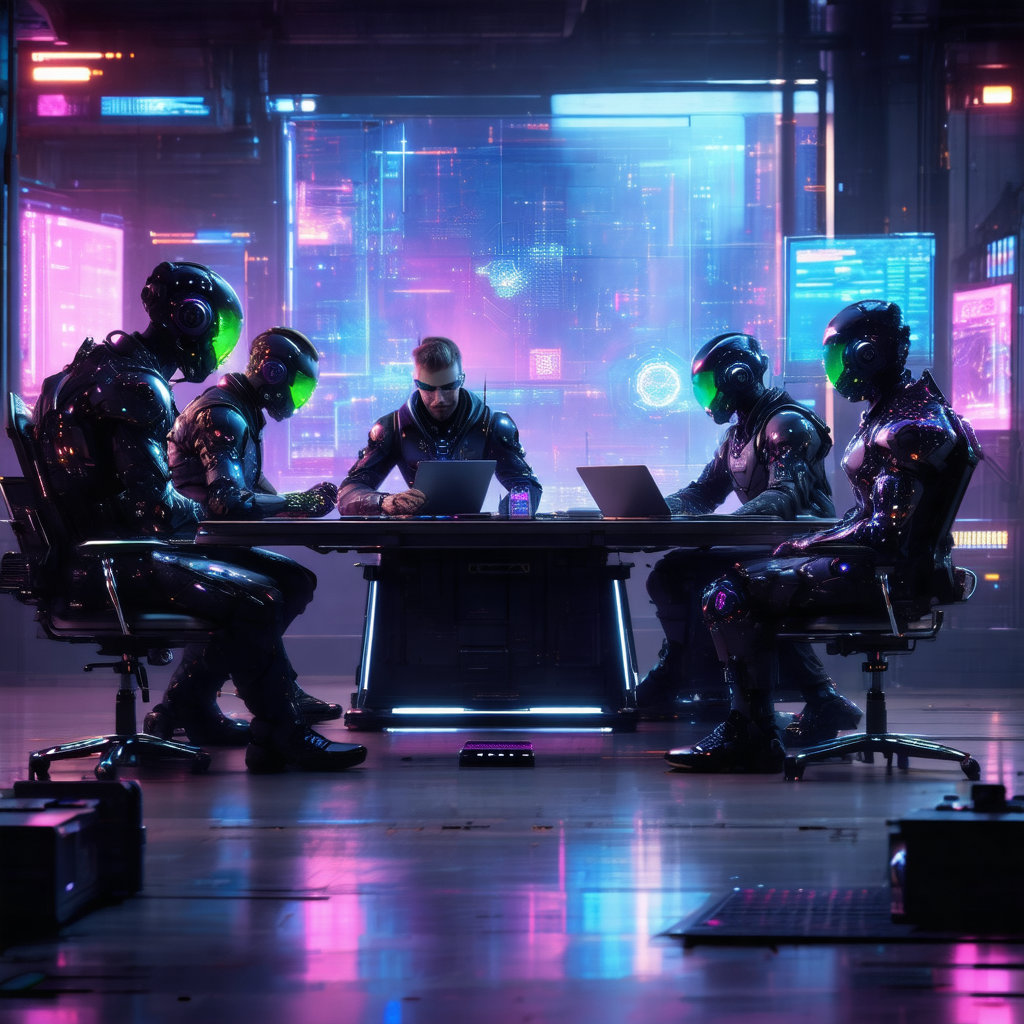 Futuristic scene with three men sitting around a table, e...