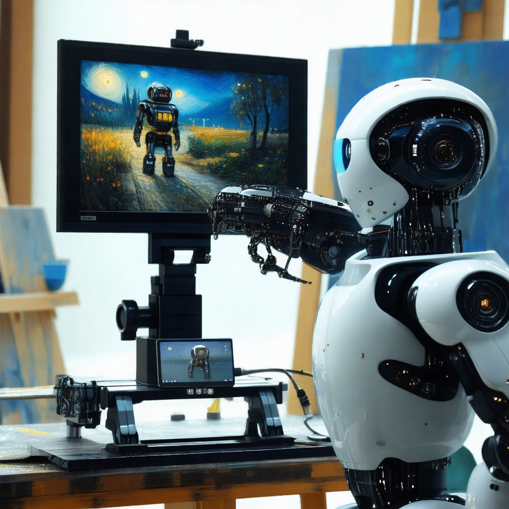 Robot sitting in front of a computer screen, which is dis...