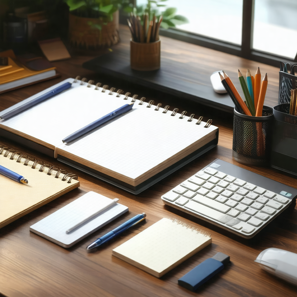 Wooden desk with a variety of items on it