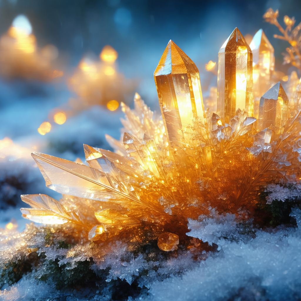 Beautiful crystal cluster surrounded by snow