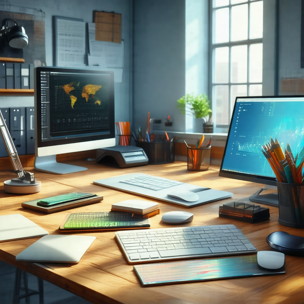 Well-organized office desk with various electronic device...