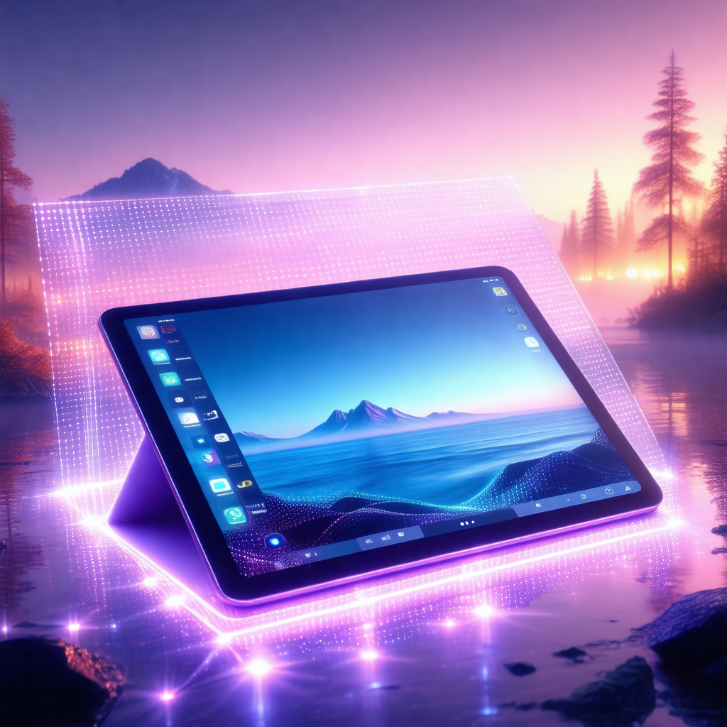 Purple tablet computer with a screen that is turned on