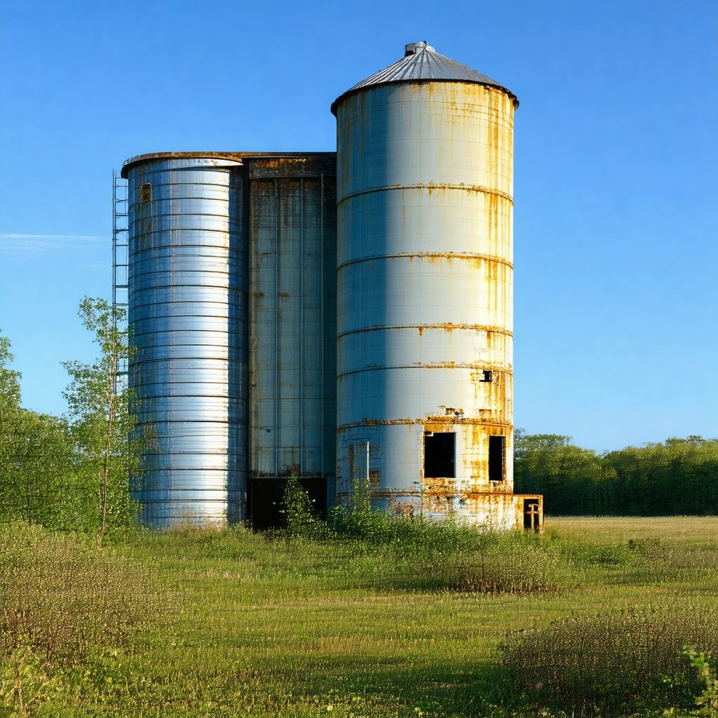 Large, old, and rusty grain silo situated in a grassy field