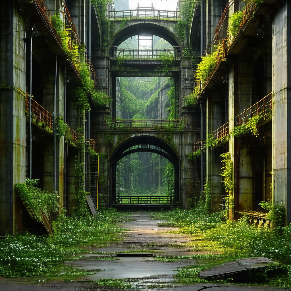 Large, abandoned building with a green vine growing up it...
