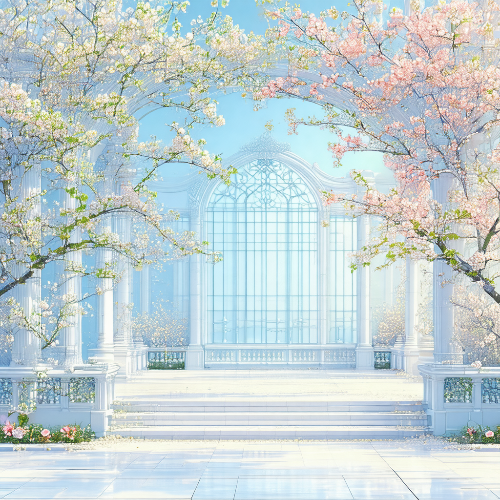 Beautiful white building with a large archway, surrounded...