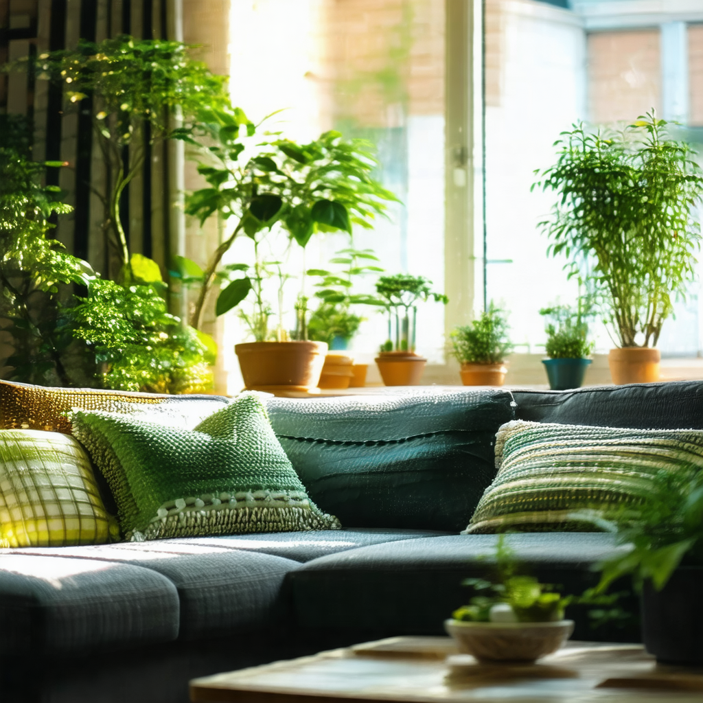 Cozy living room with a large couch and a variety of pott...
