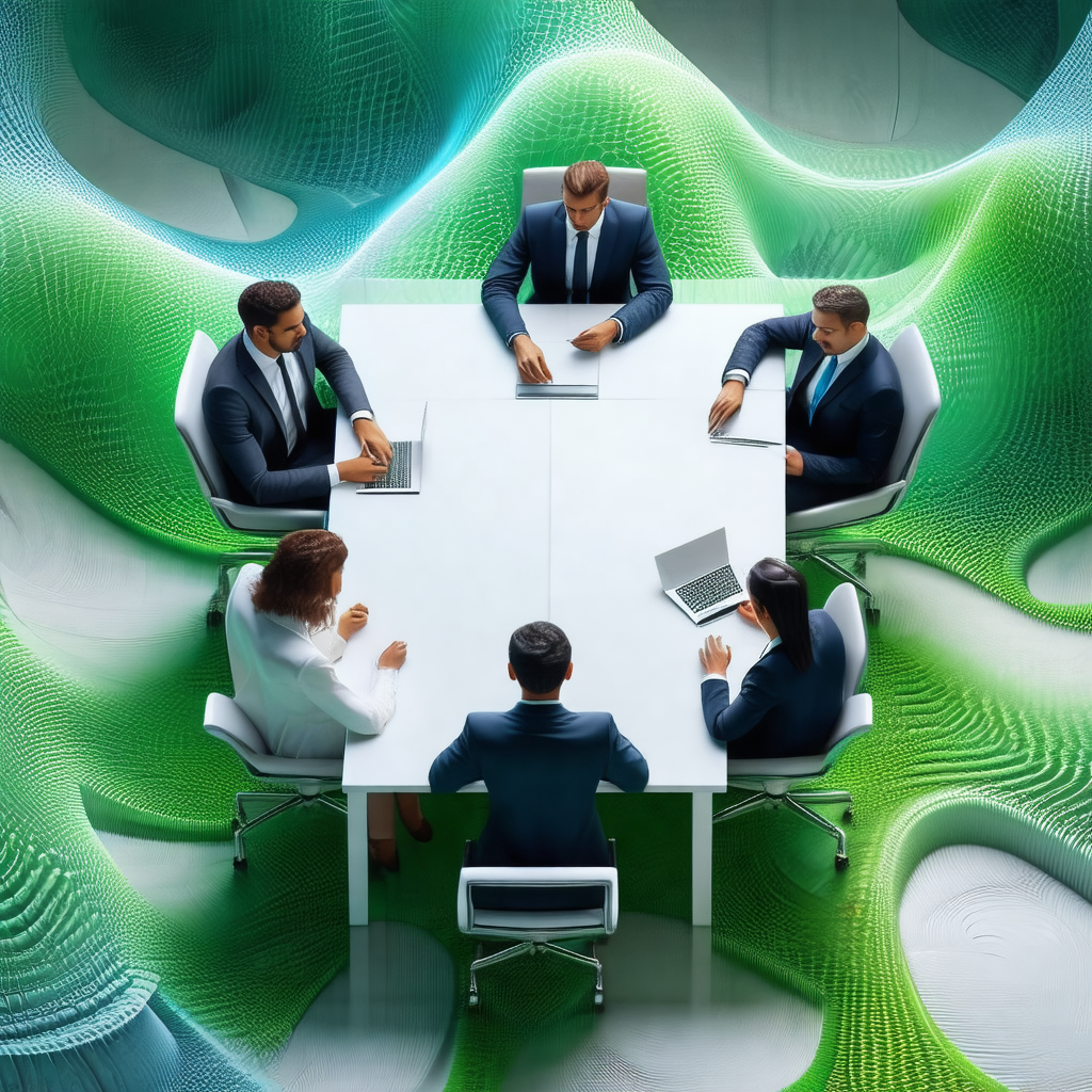 Group of people sitting around a large white table, engag...