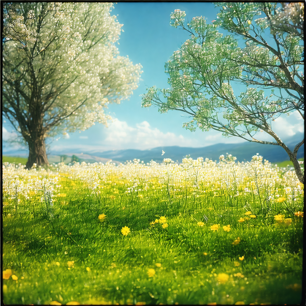 Lush green field with a tree in the foreground