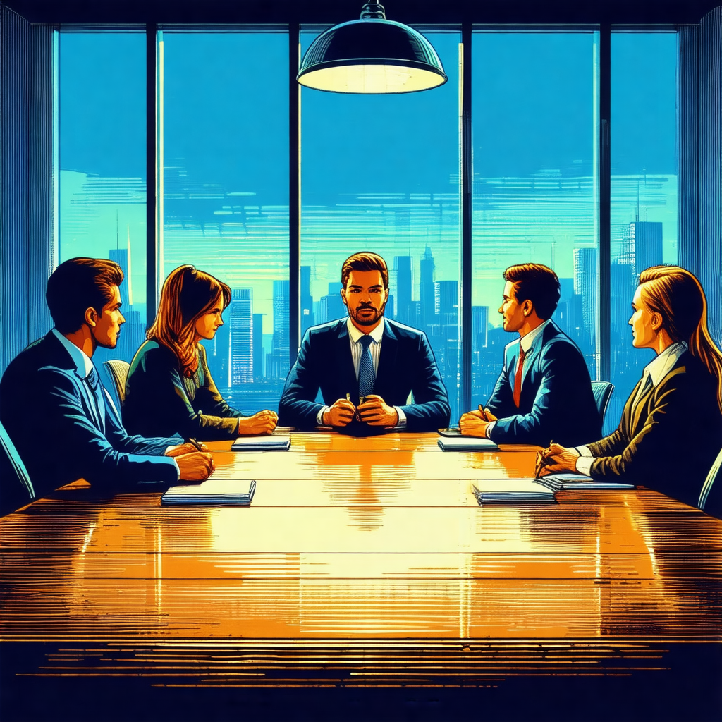 Cartoon depiction of a group of business people sitting a...