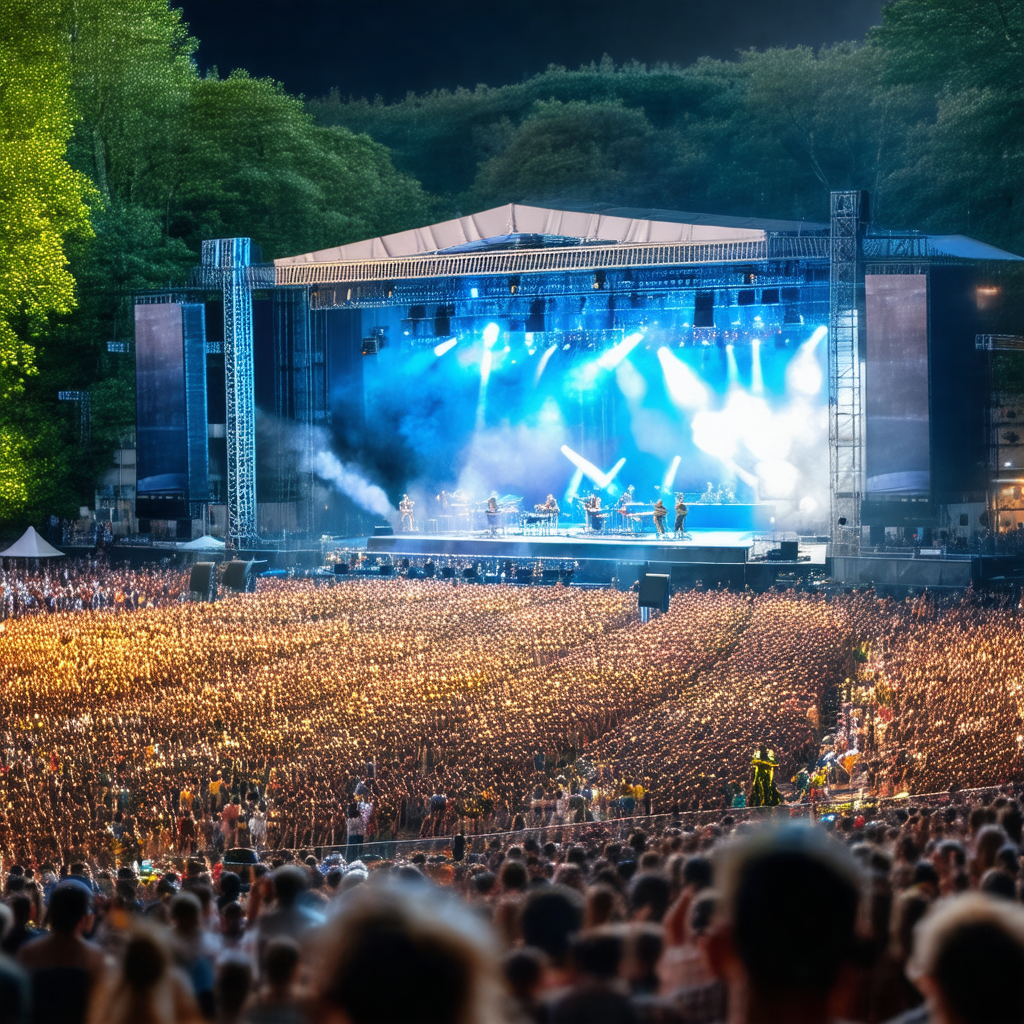 Captures a large crowd of people gathered at a concert venue