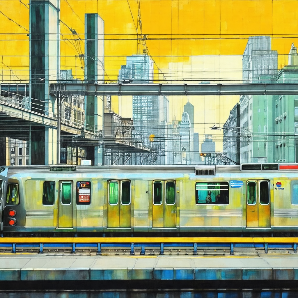 Yellow and silver train traveling down the tracks, passin...