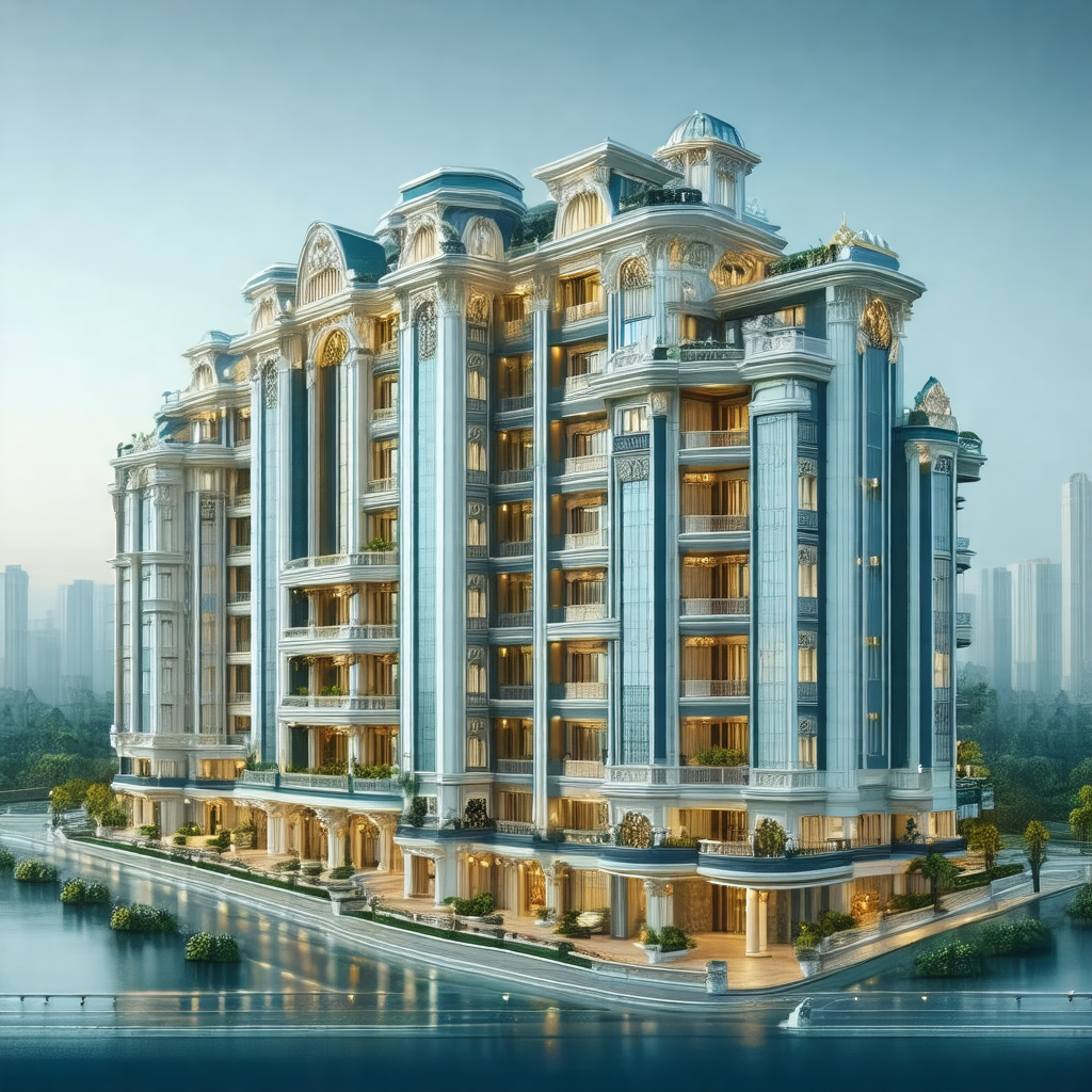 Large, white, and blue building situated on a body of water