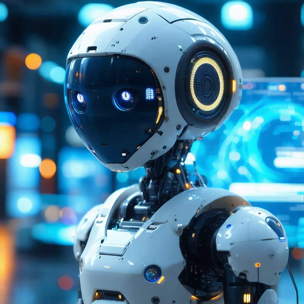 Robot with a white head and a blue screen