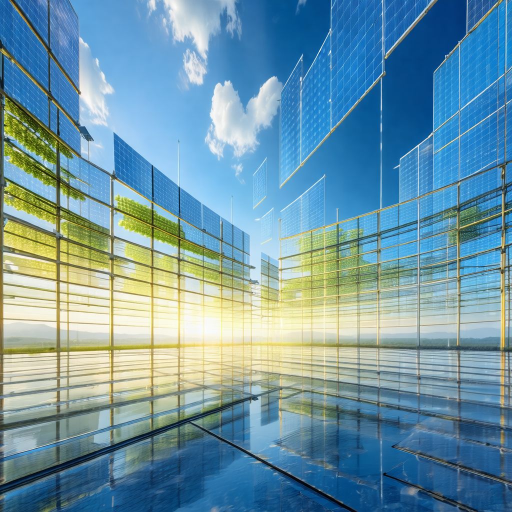 Large building with a glass facade, which is illuminated ...