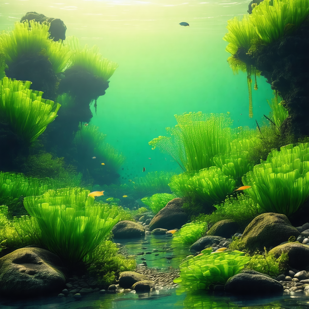 Vibrant underwater scene with a variety of aquatic plants...