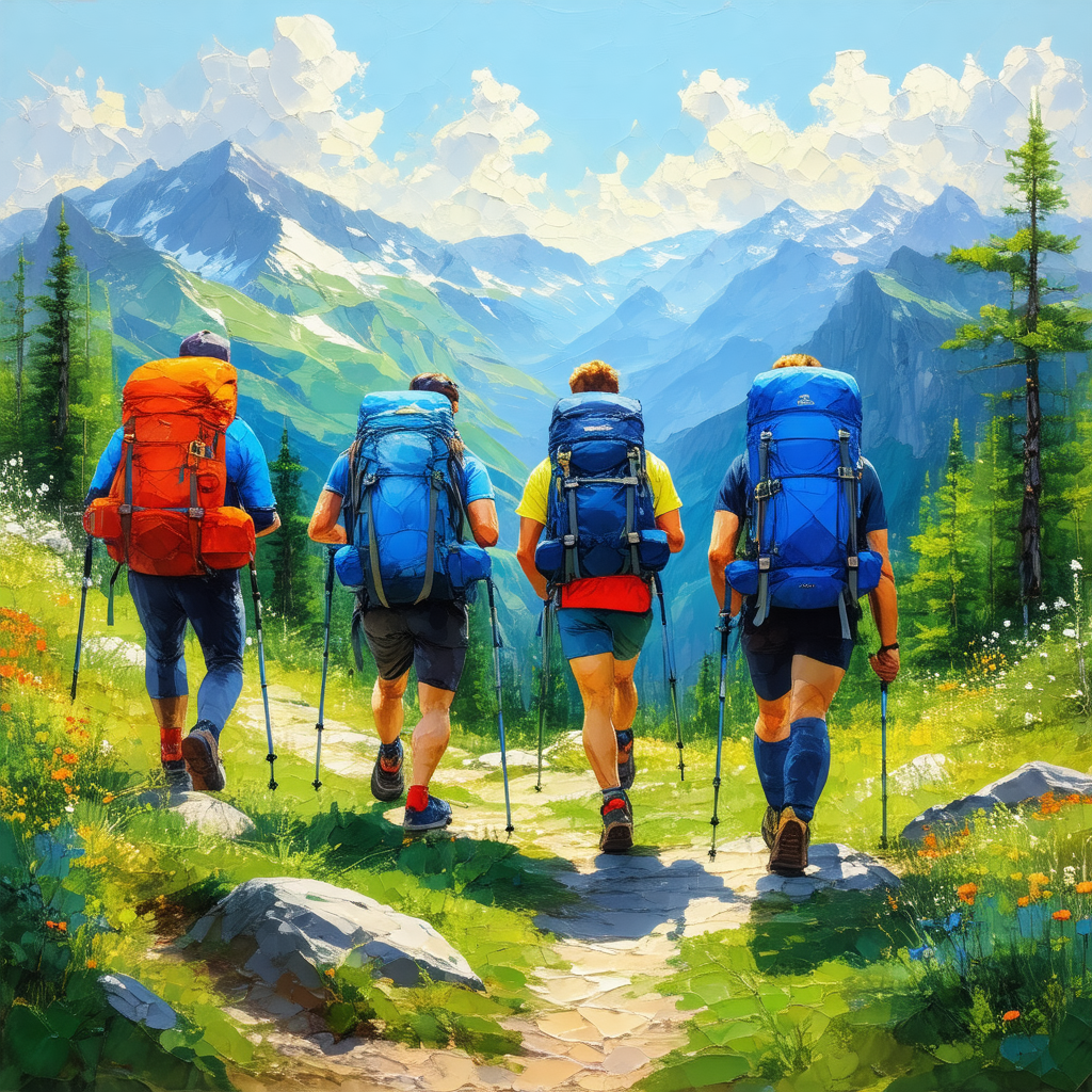 Group of four men walking together on a trail in the moun...