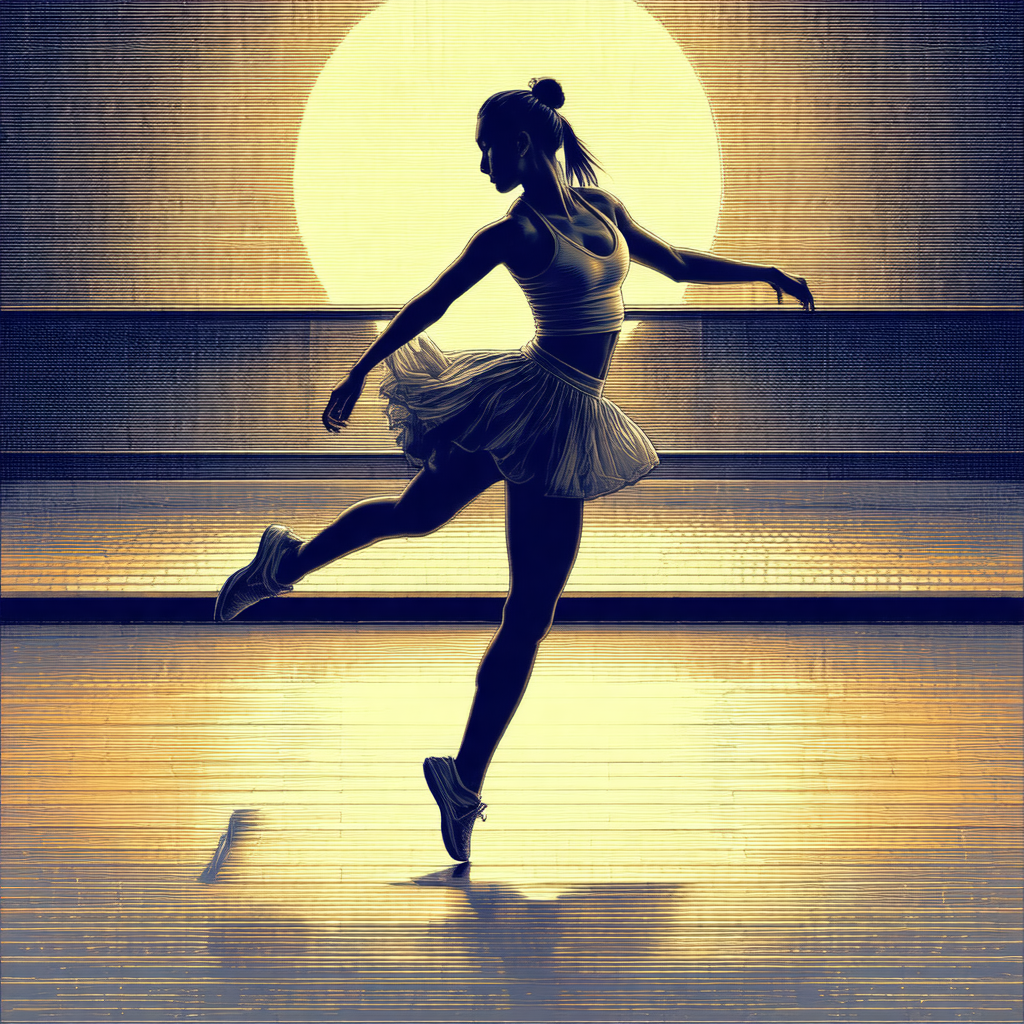 Black and white drawing of a woman dancing on a stage
