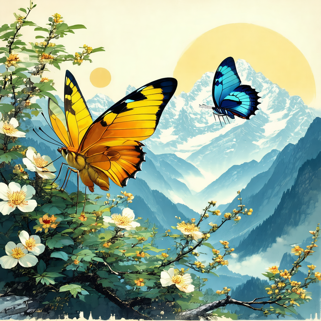 Beautiful scene of two butterflies flying in the sky, wit...