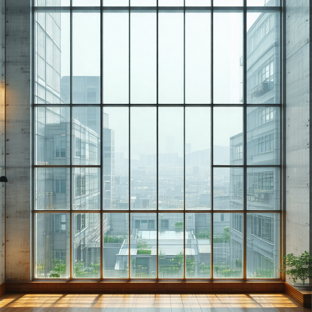 Large window with a view of a city