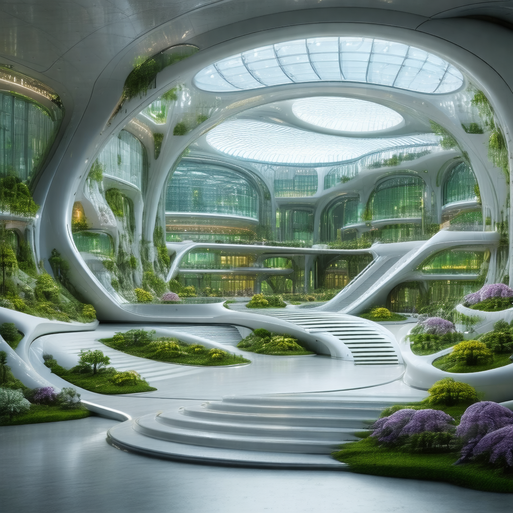 Futuristic, white, and green building with a large, curve...