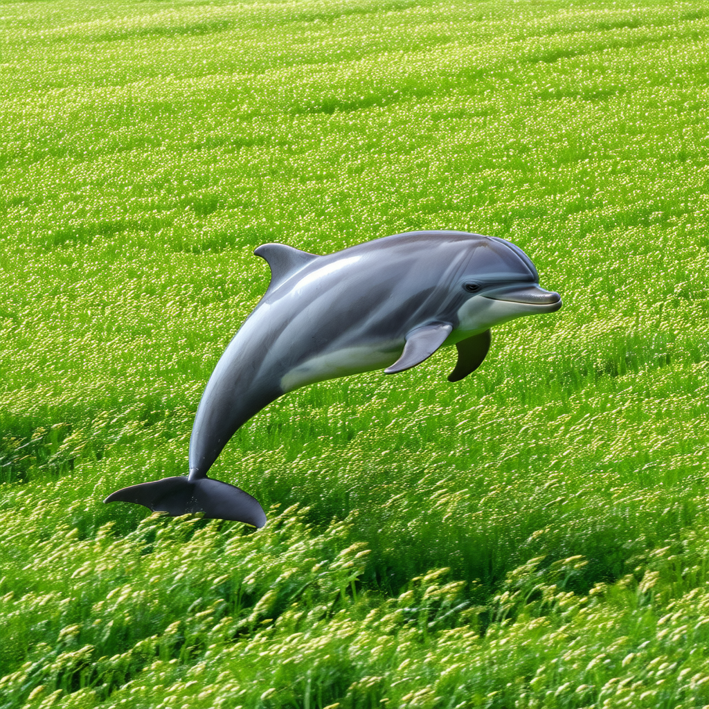 Dolphin gracefully leaping through the air in a lush gree...