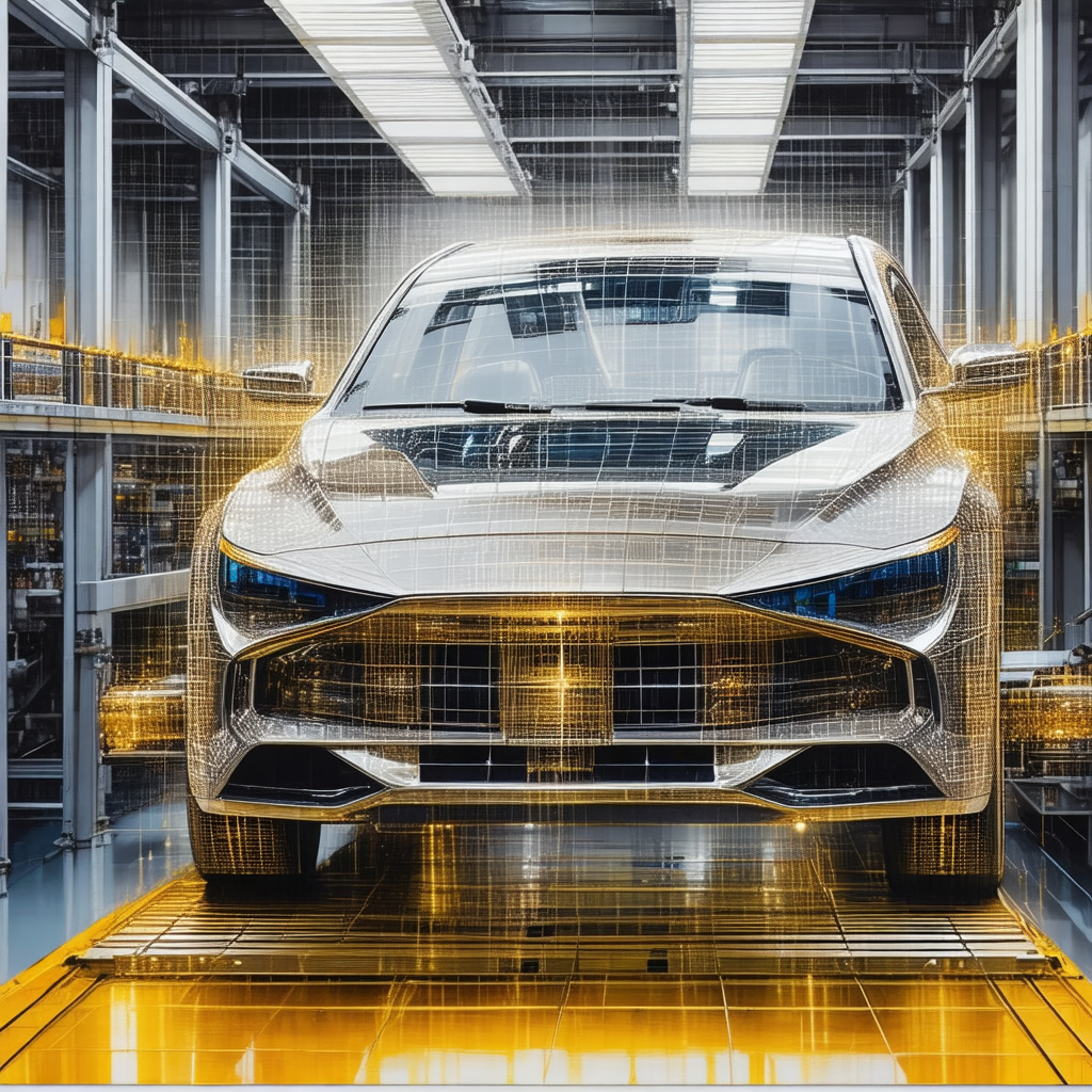 Shiny, new car parked in a factory setting
