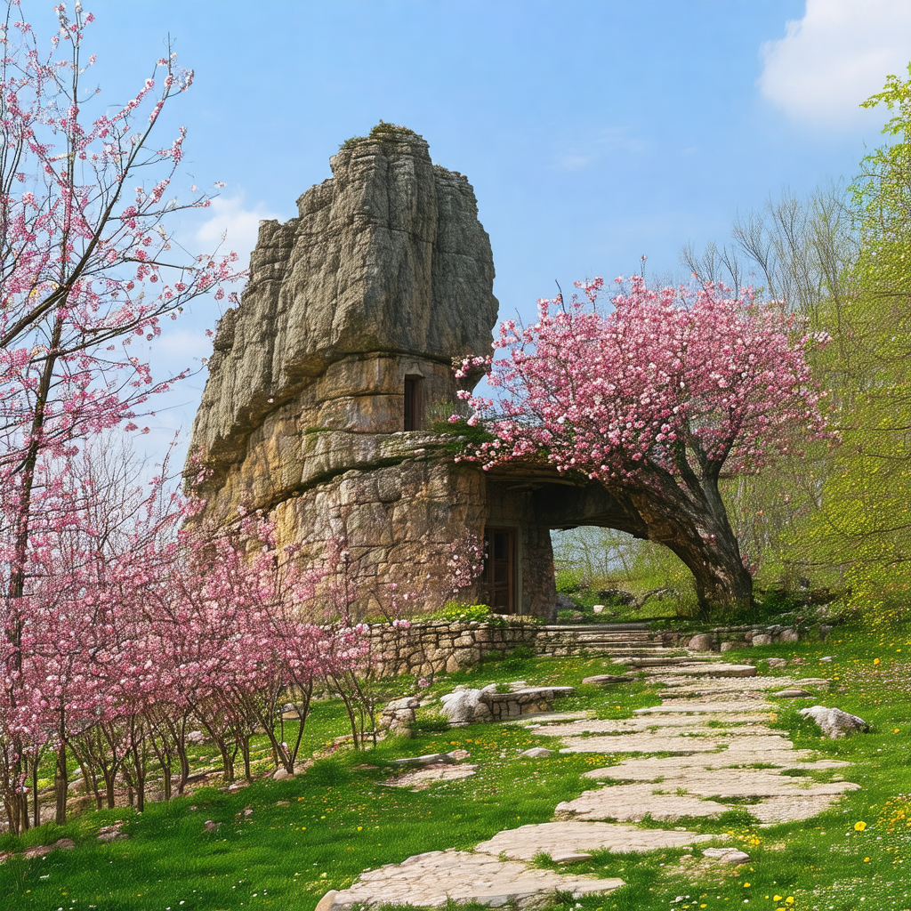 Beautiful rock formation with a doorway carved into it