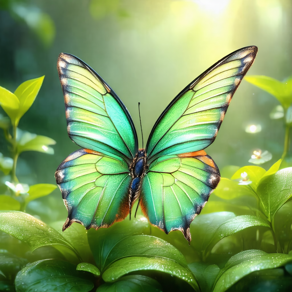 Green and blue butterfly perched on a leaf in a forest se...