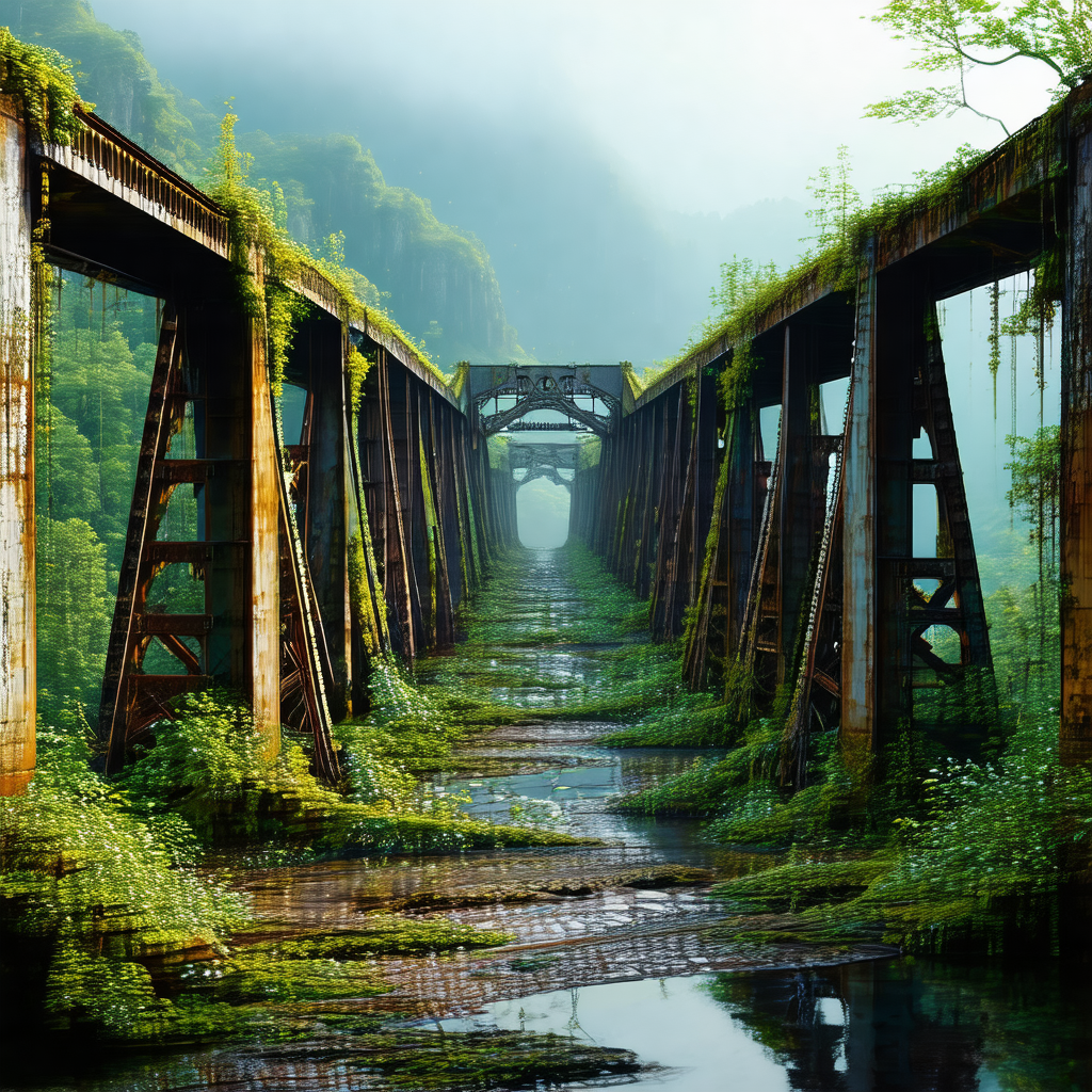 Painting of a bridge with a forest in the background